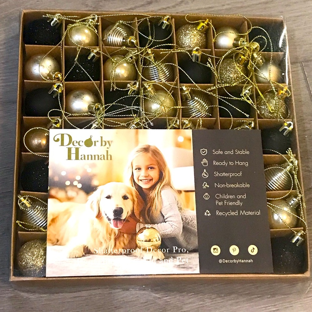 Decor by Hannah 
Gold and Black Christmas Ornaments
Shatterproof Decor